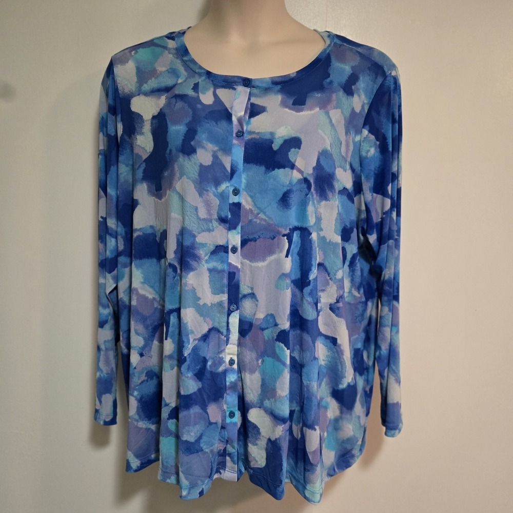 LOGO Layers by Lori Goldstein Watercolor Print Mesh Cardigan Blue Sea 3X A474584